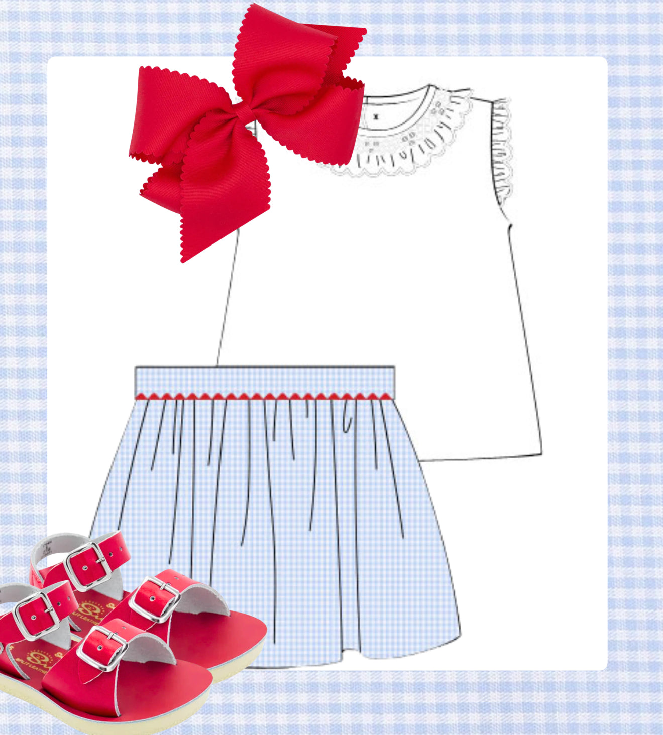 Blue gingham smocked skirt set