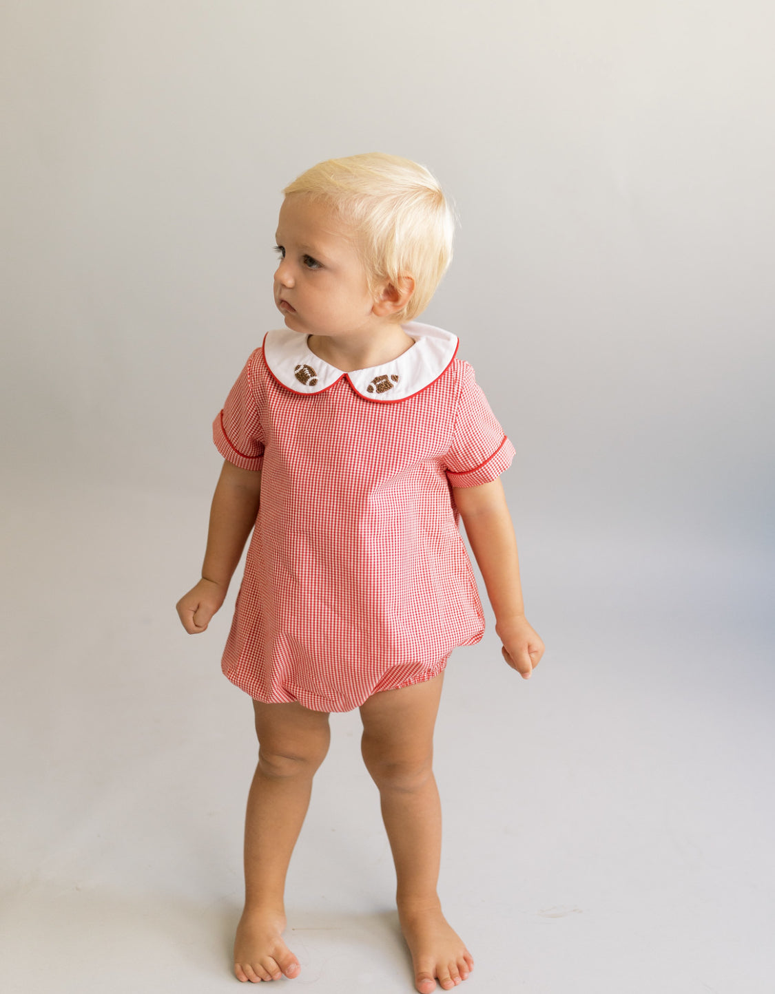 Boys red gingham french knot bubble