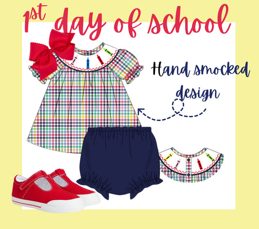 Back to school plaid smock crayons