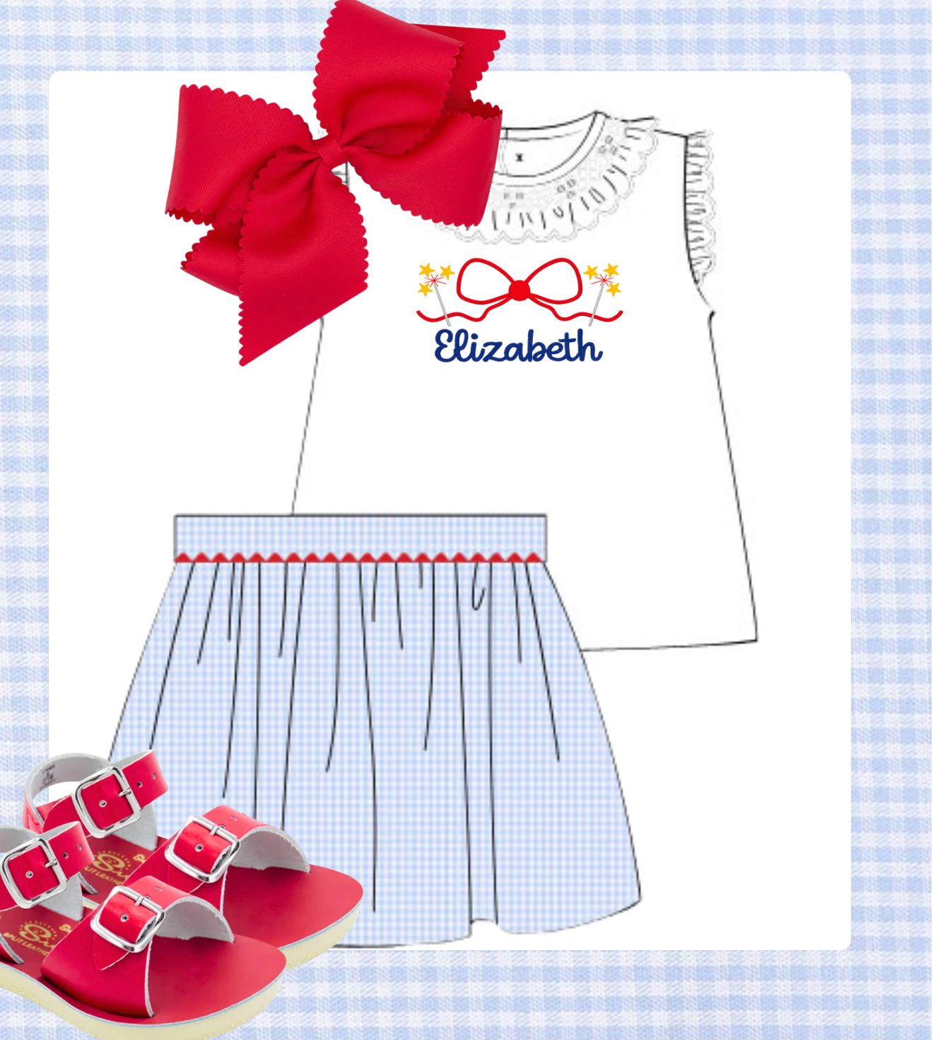 Blue gingham smocked skirt set