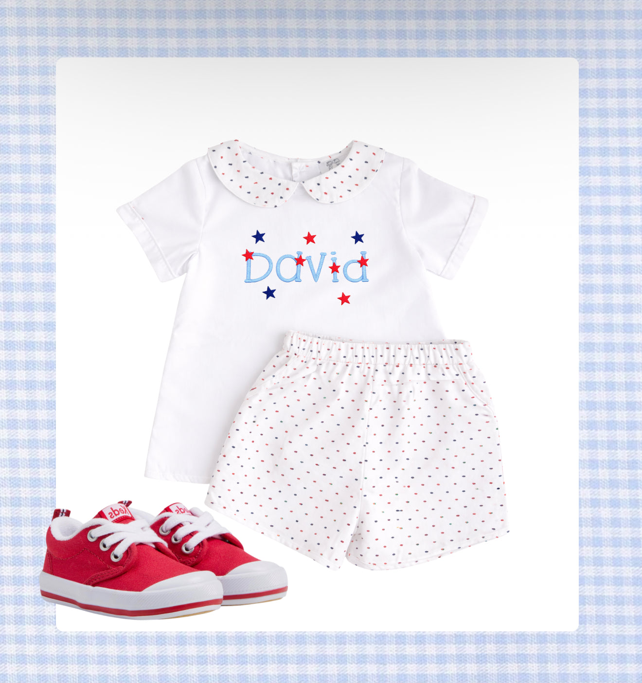 Red, white, and blue Swiss Dot short set