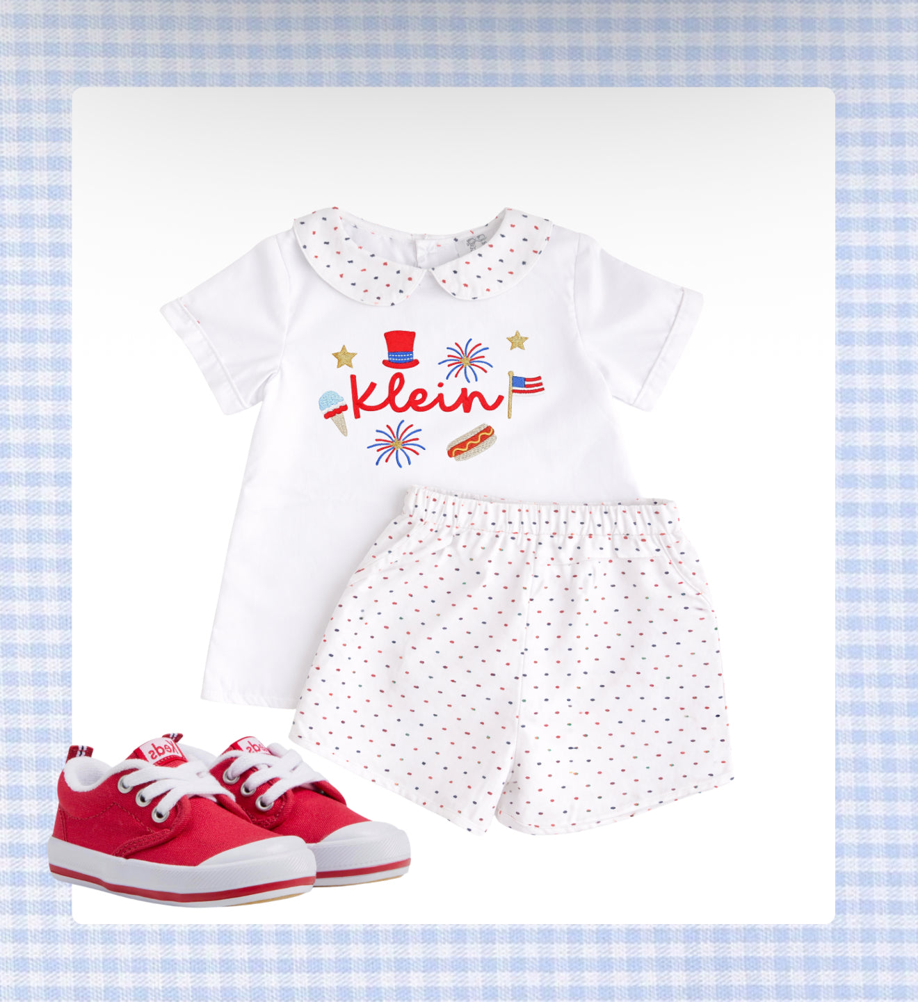 Red, white, and blue Swiss Dot short set