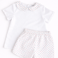 Red, white, and blue Swiss Dot short set