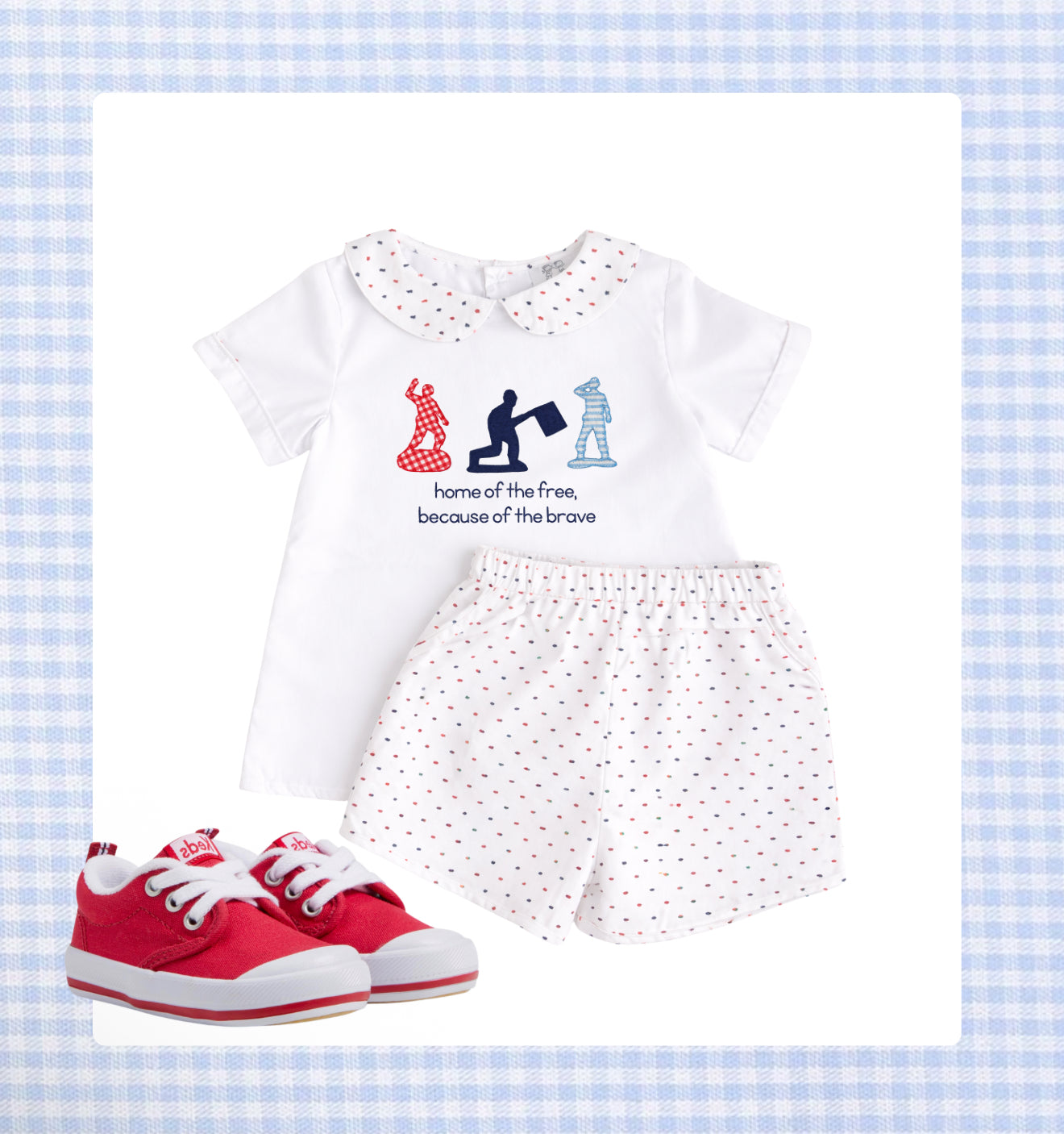 Red, white, and blue Swiss Dot short set