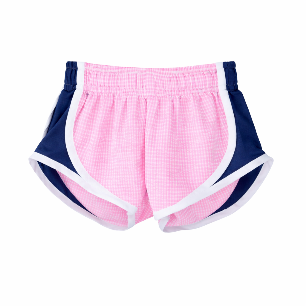 Pink seersucker and navy shorts