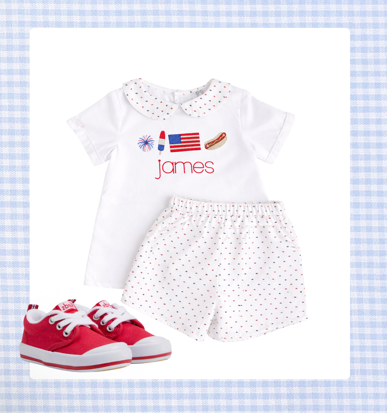 Red, white, and blue Swiss Dot short set