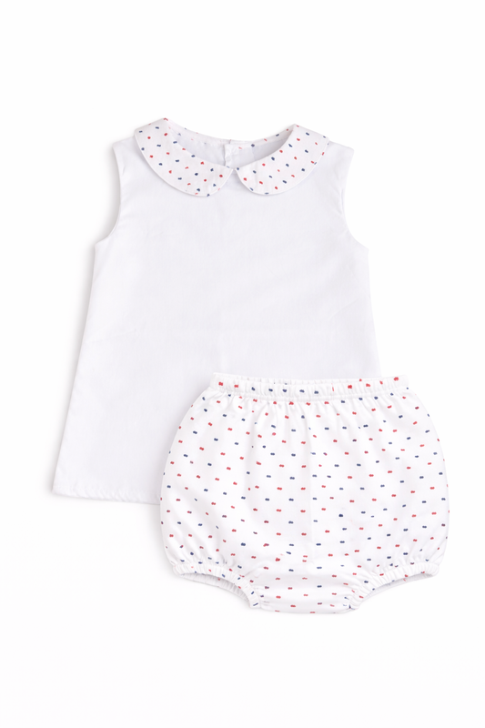 Red, white, and blue Swiss Dot Diaper Set