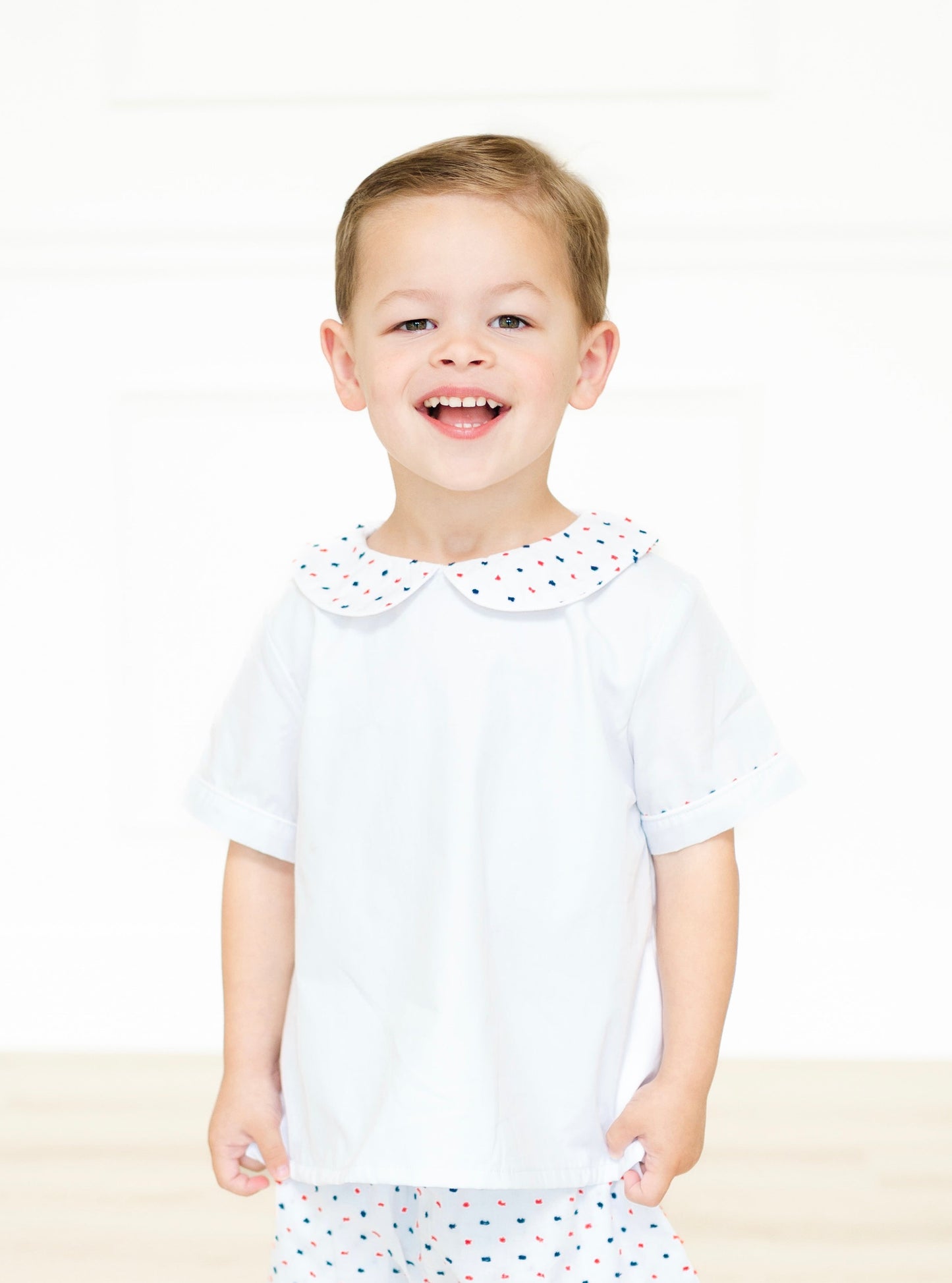 Red, white, and blue Swiss Dot short set