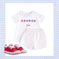 Red, white, and blue Swiss Dot short set