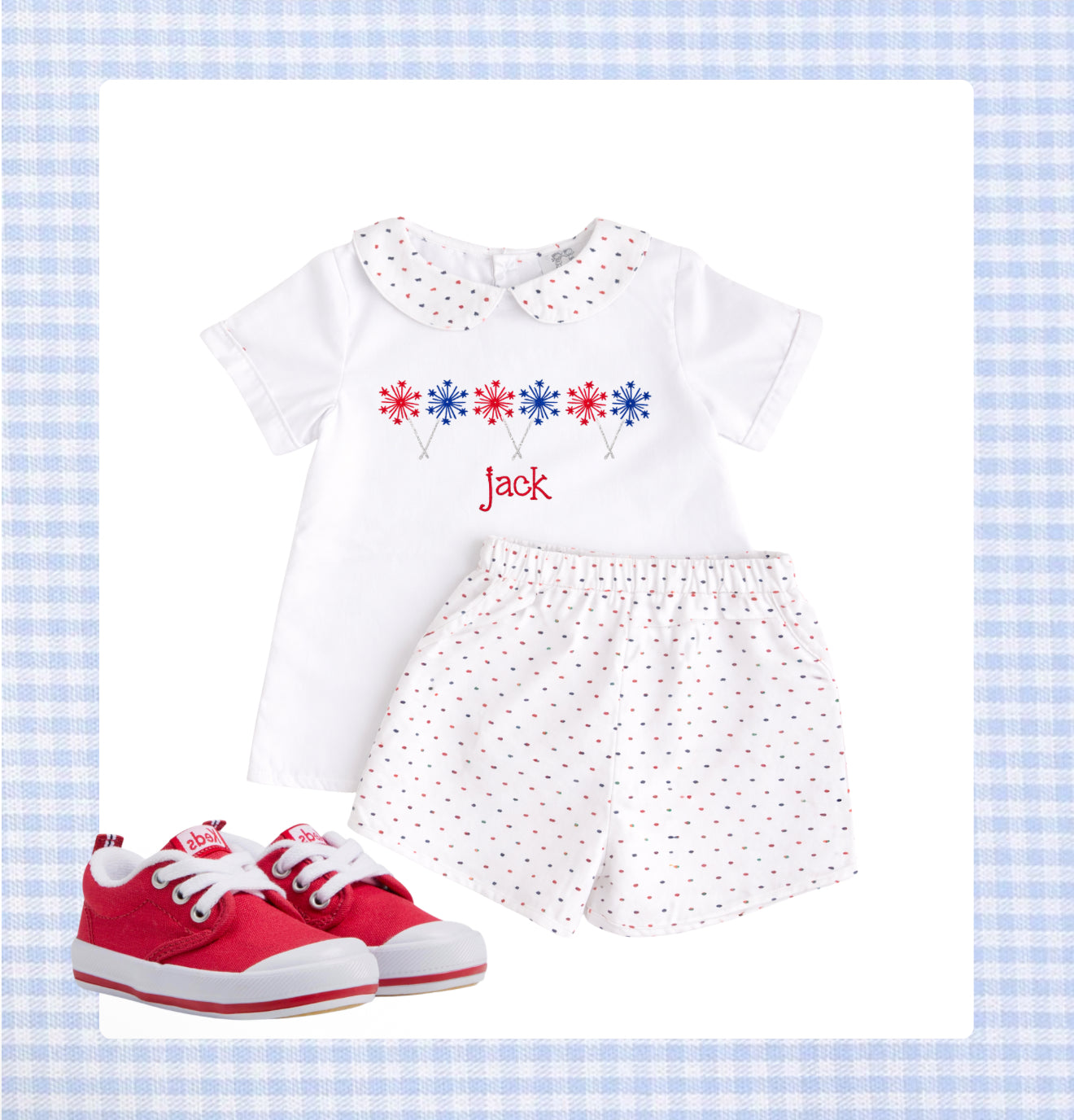 Red, white, and blue Swiss Dot short set
