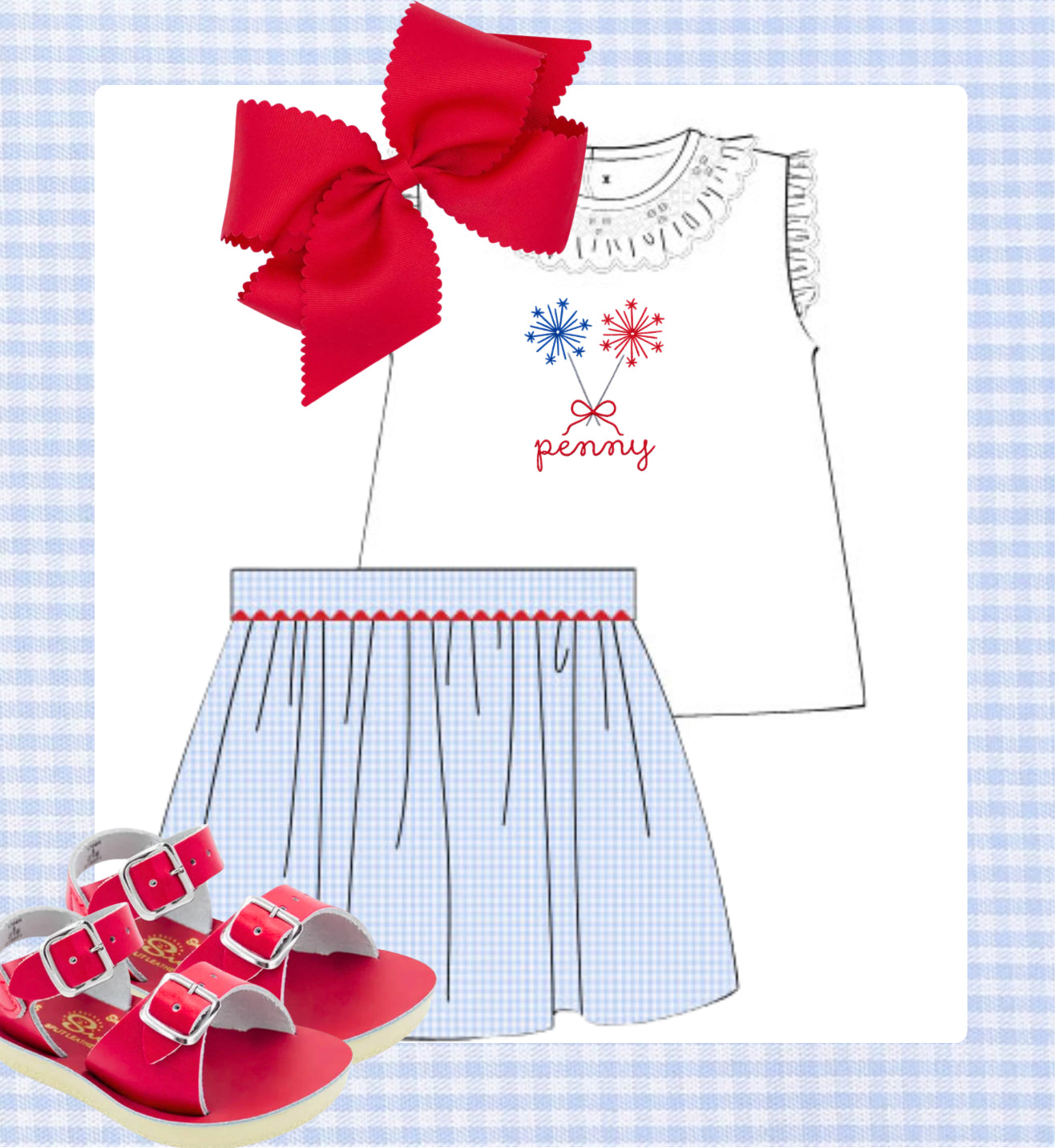 Blue gingham smocked skirt set