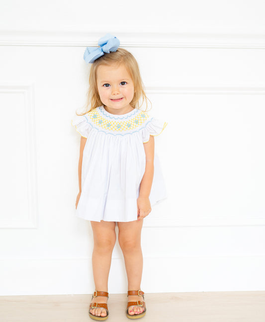 Blue and yellow flowers smocked diaper set