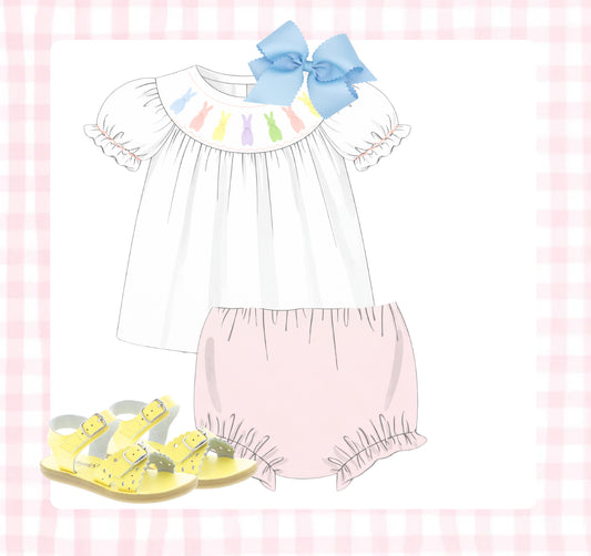 Flocked bunnies smocked set