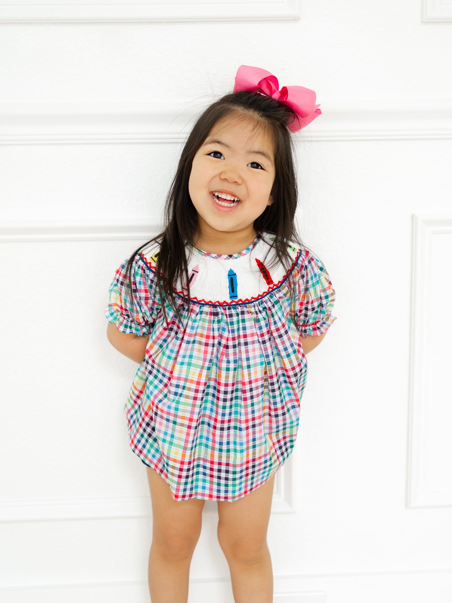 Back to school plaid smock crayons