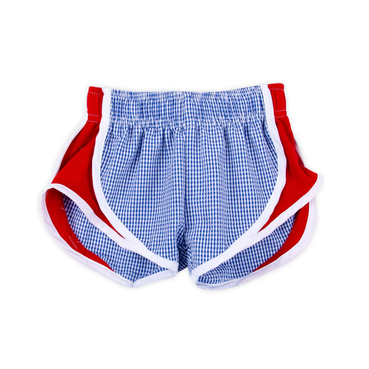 Blue seersucker and red shorts