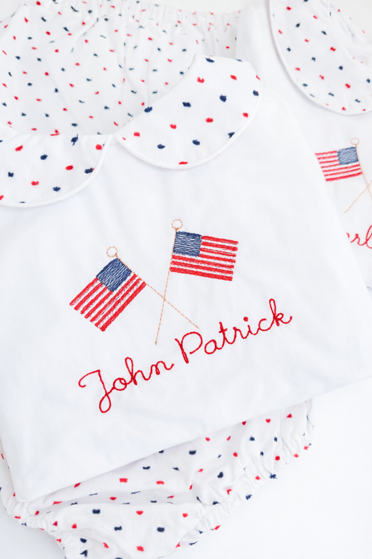 Red, white, and blue Swiss Dot short set