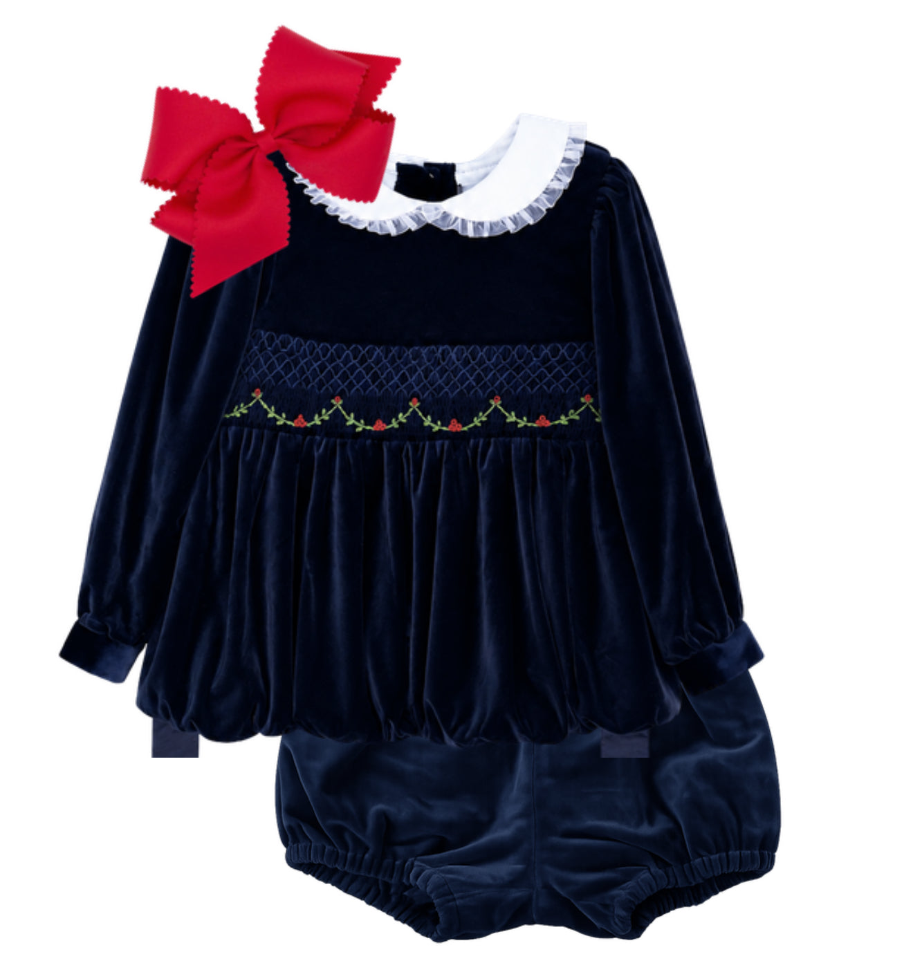 Navy velvet smocked Christmas diaper set