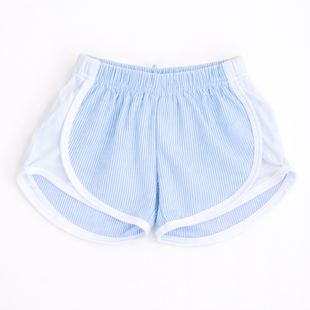 Blue seersucker and white shorts