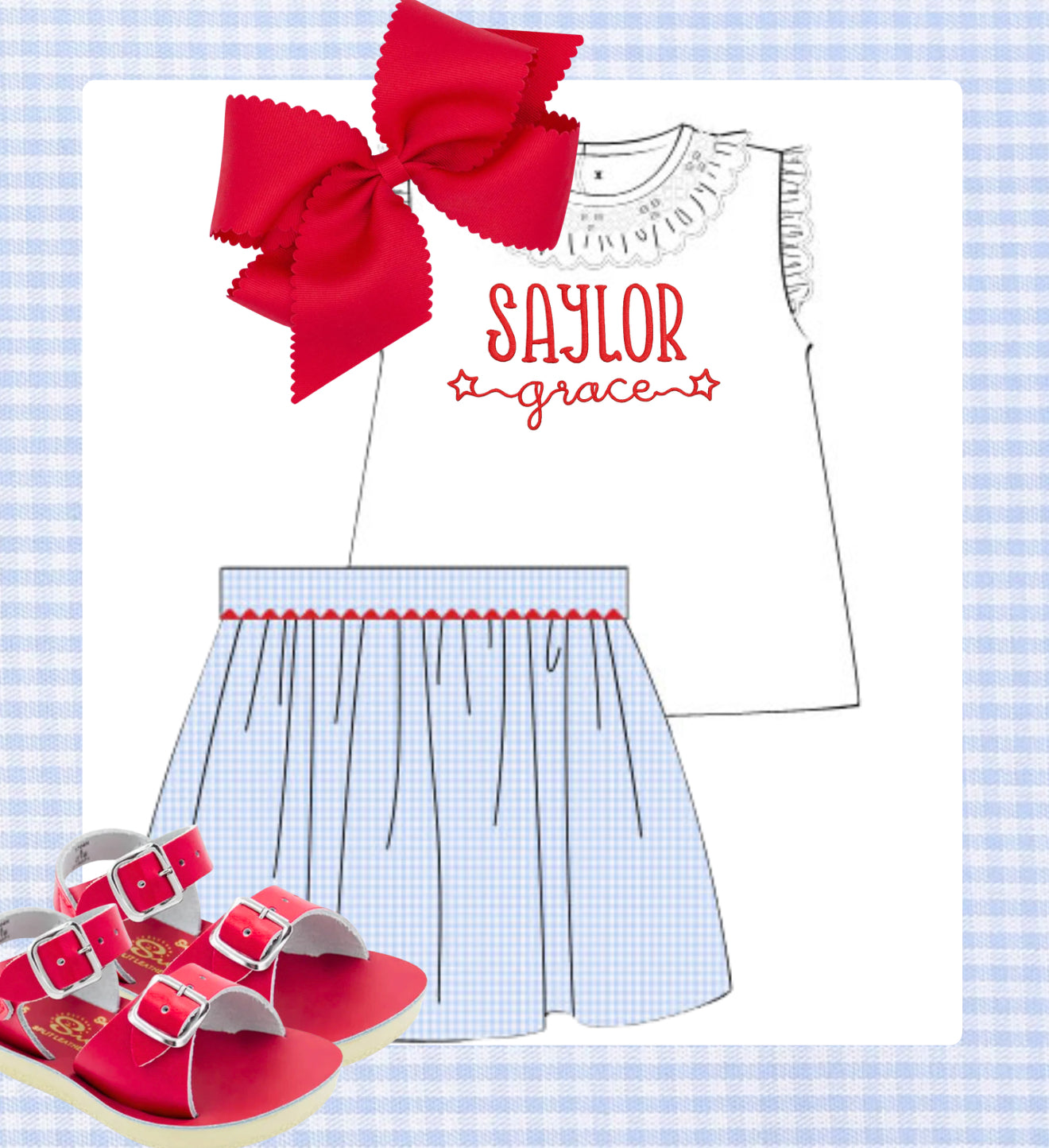 Blue gingham smocked skirt set