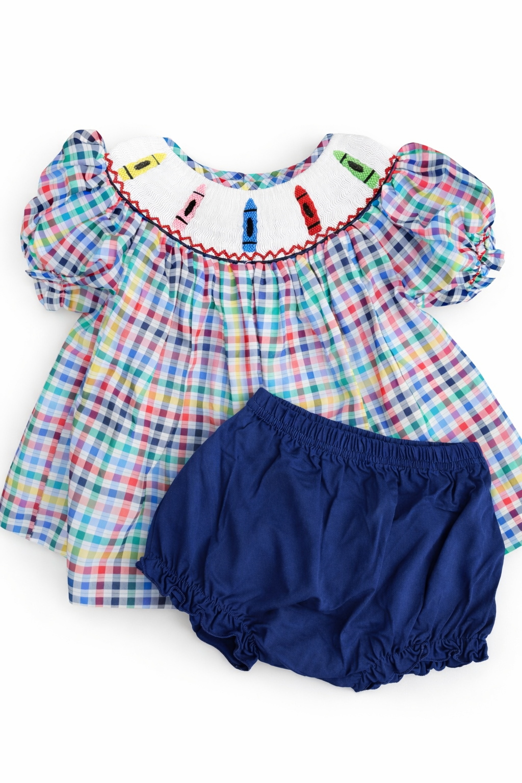 Back to school plaid smock crayons