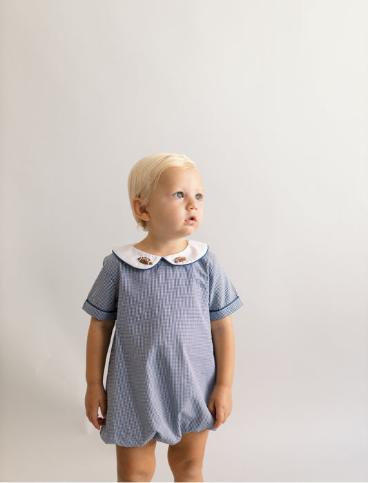 Boys navy gingham french knot bubble